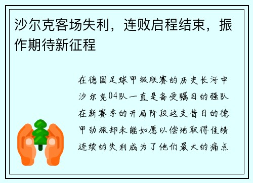 沙尔克客场失利，连败启程结束，振作期待新征程